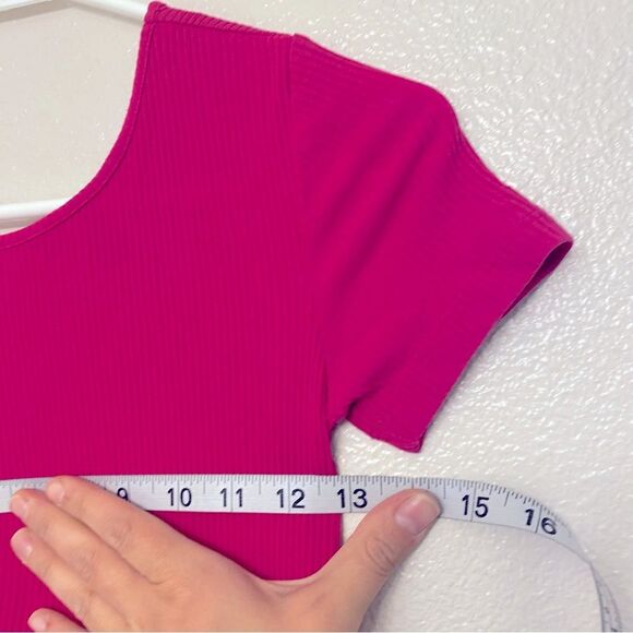 Old Navy hot pink Rib Knit Fit Flare Dress crew neck short sleeve size 10/12 - Picture 4 of 8